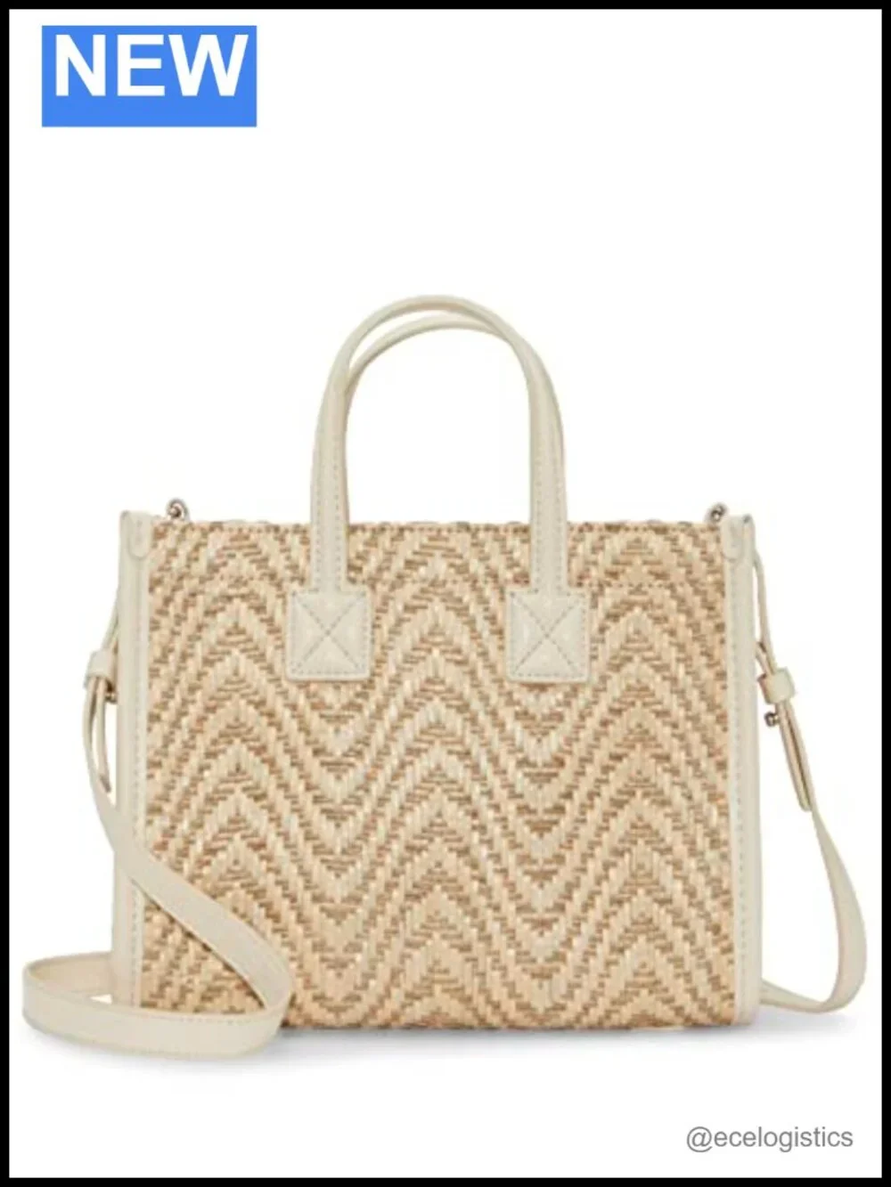 Woven Straw Leather Snap Tote Bag with Handles